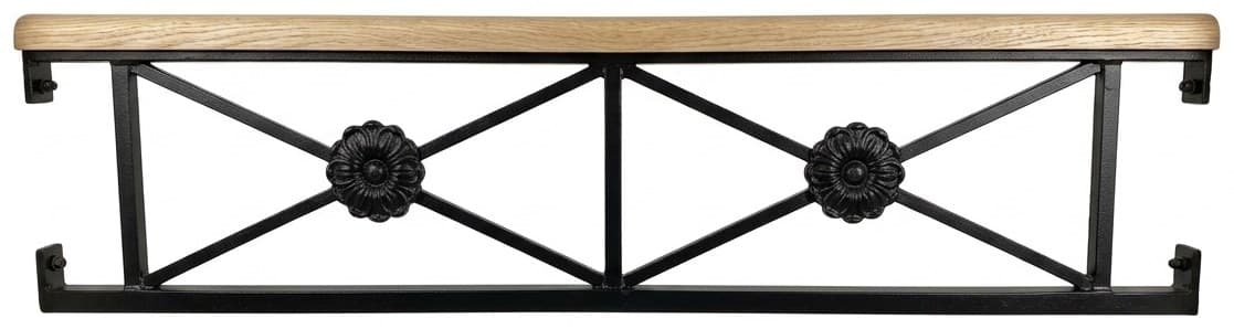 Garde-corps de fenêtre en acier noir, rosaces de fonderie et main courante en chêne