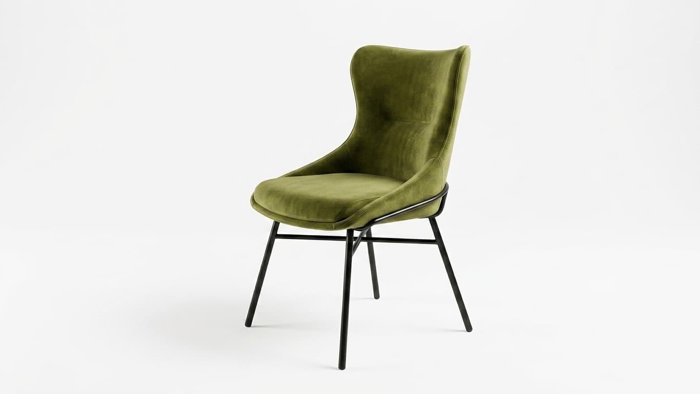 Chaise en velours vert olive sur piétement acier noir