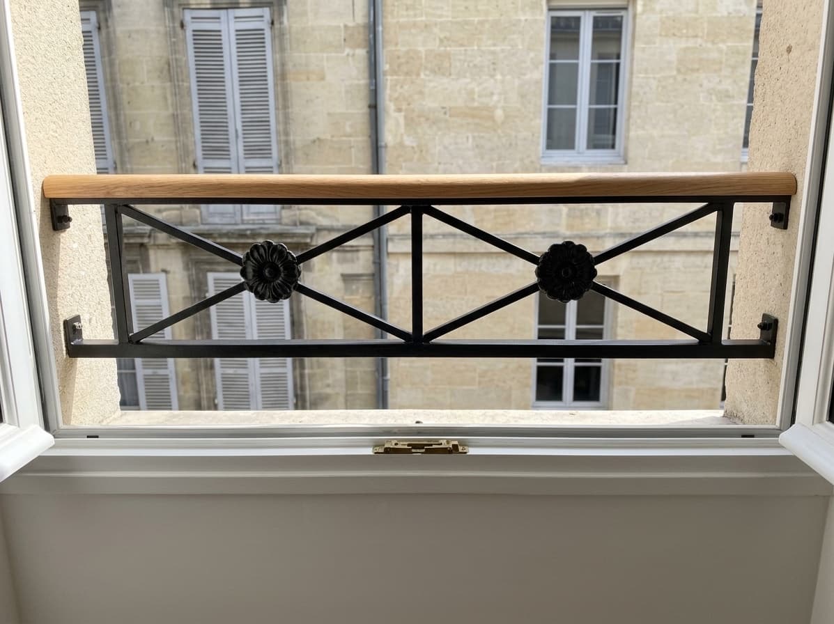 Garde-corps de fenêtre posé en tableau, vu depuis la pièce