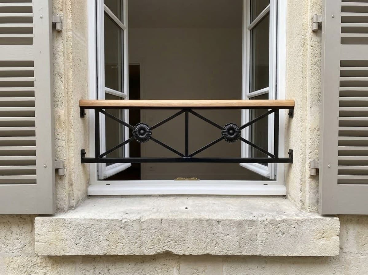 Le même garde-corps vu de la rue, posé sur un appui en tuffeau
