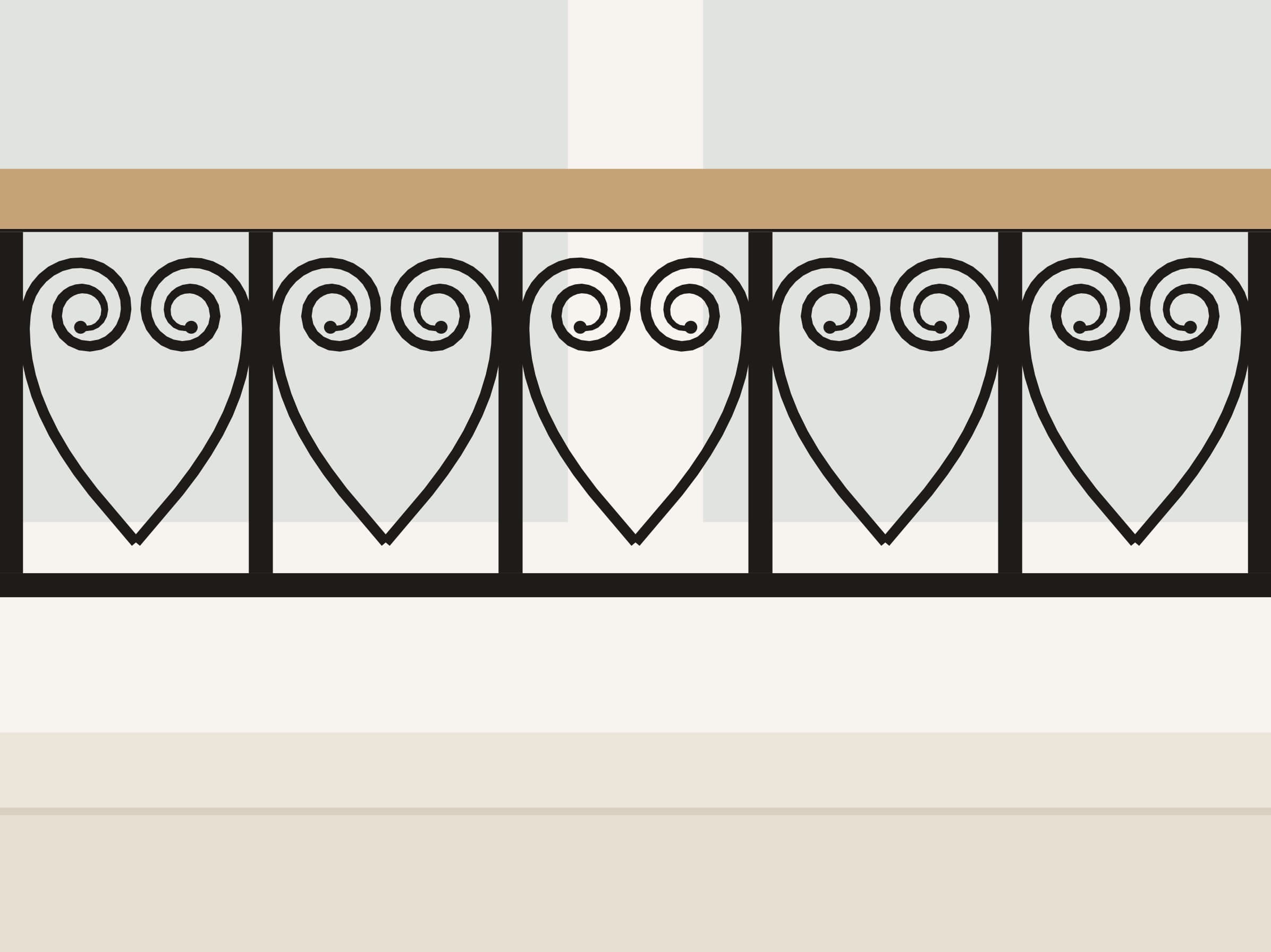 Wrought railing with scrolled hearts, black-painted steel, oak handrail, in a tufa stone window opening