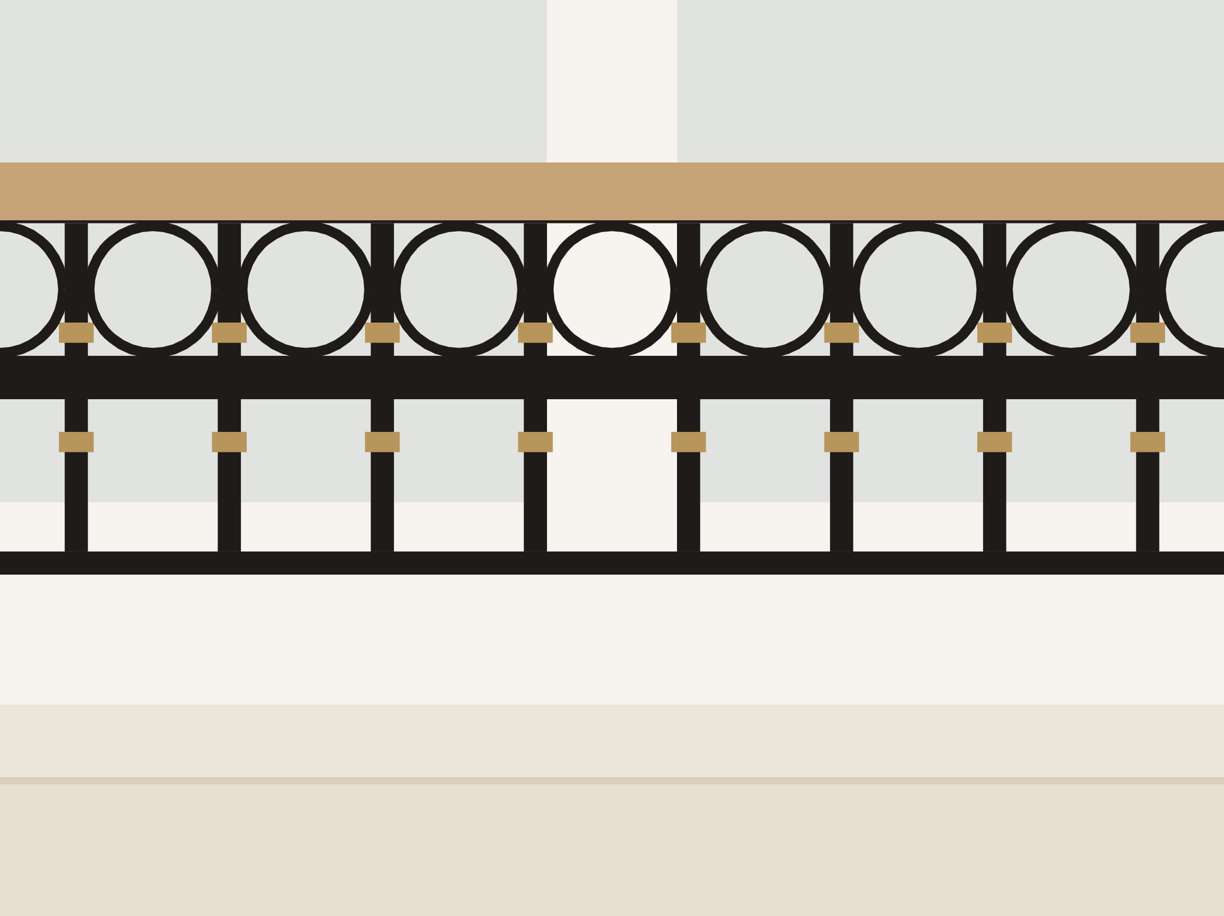 Wrought railing with a Directoire-style ring frieze, gilded highlights, black-painted steel and oak handrail