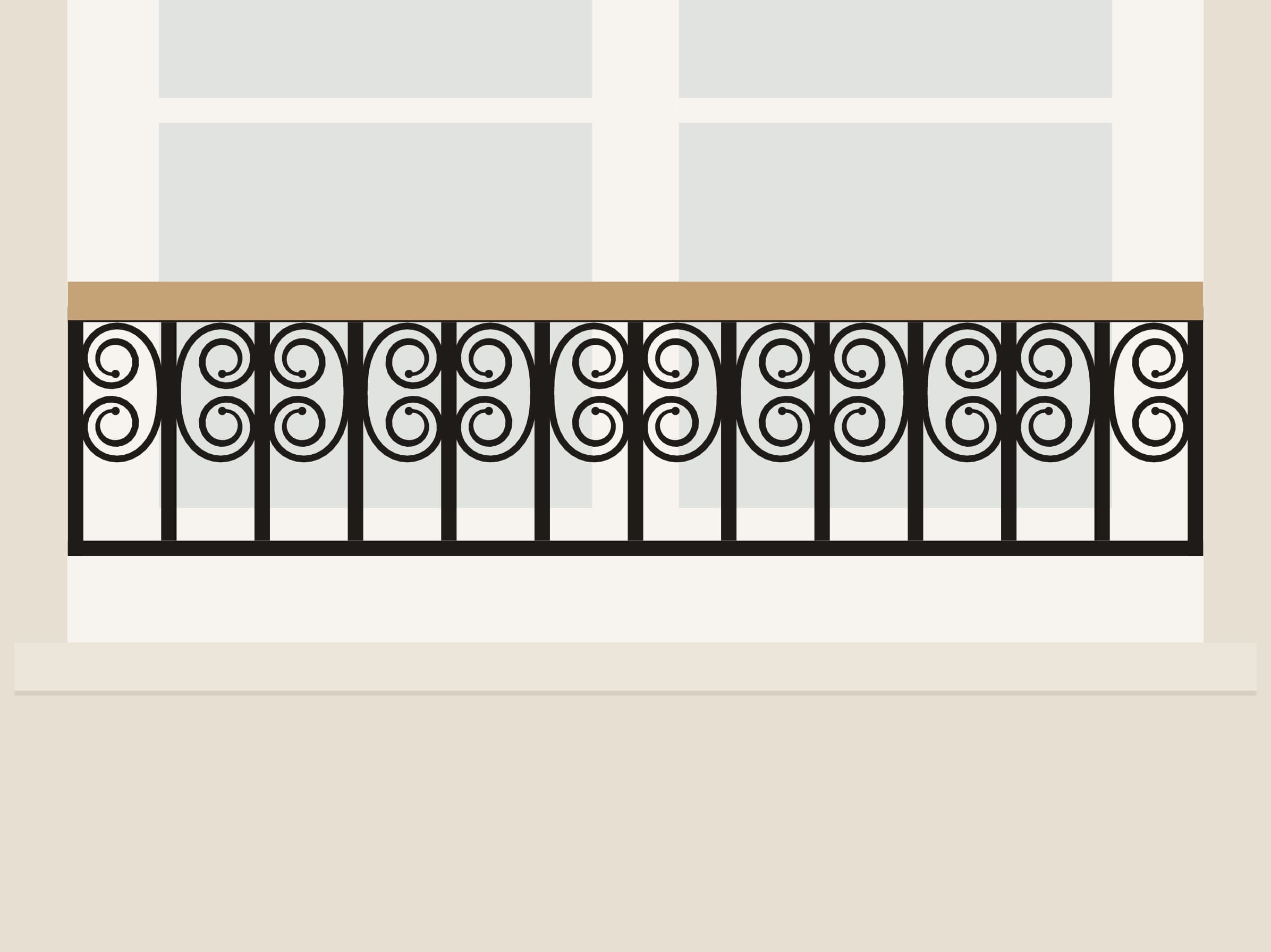 Wrought window railing, front view: C-scrolls between the bars, black-painted steel, oak handrail, between two tufa stone reveals (illustration)