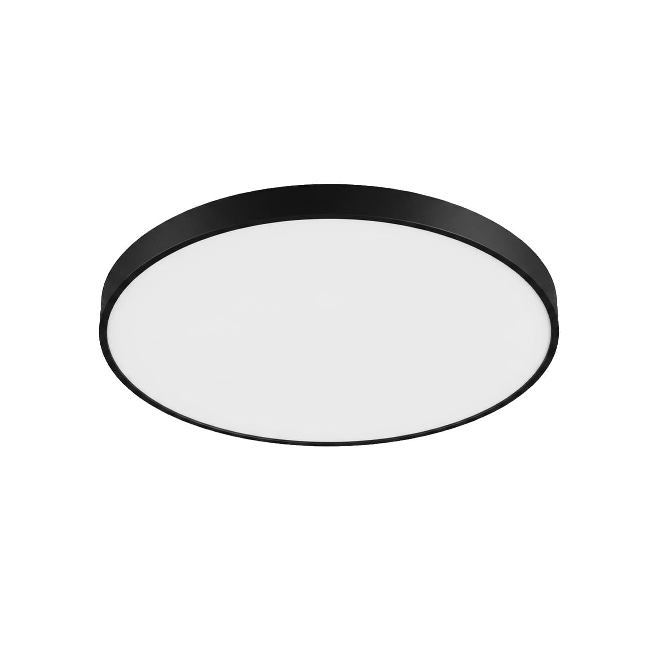 Halo : plafond lumineux rond à toile tendue, cadre aluminium noir, vu de dessous