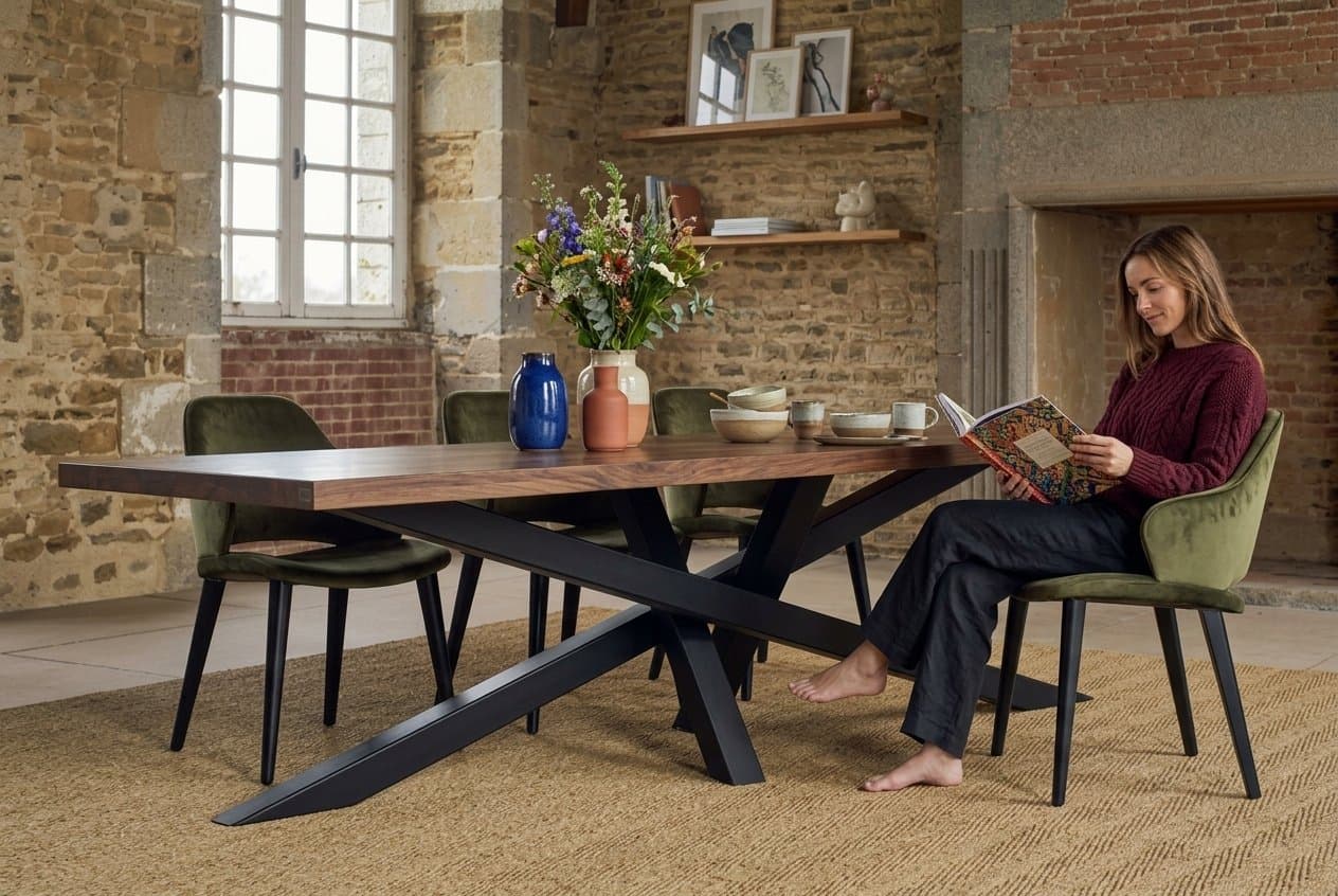 Table Mikado en noyer et chaises en velours vert dans une salle à manger aux murs de pierre