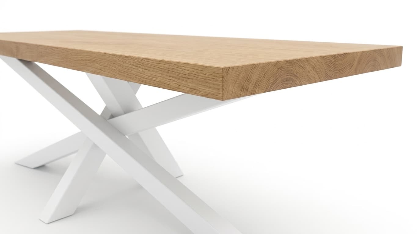 Table Mikado — détail du plateau et des pieds blancs
