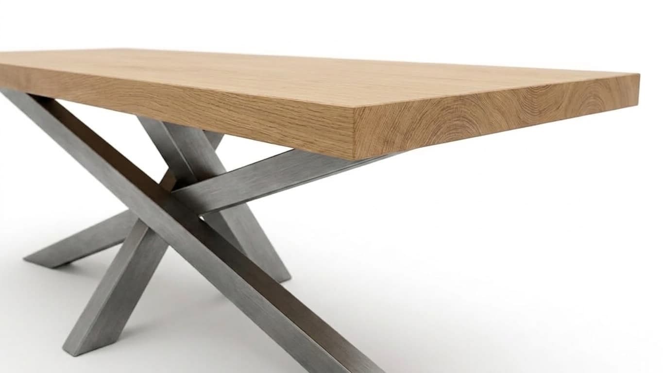 Table Mikado — détail du plateau et des pieds gris acier