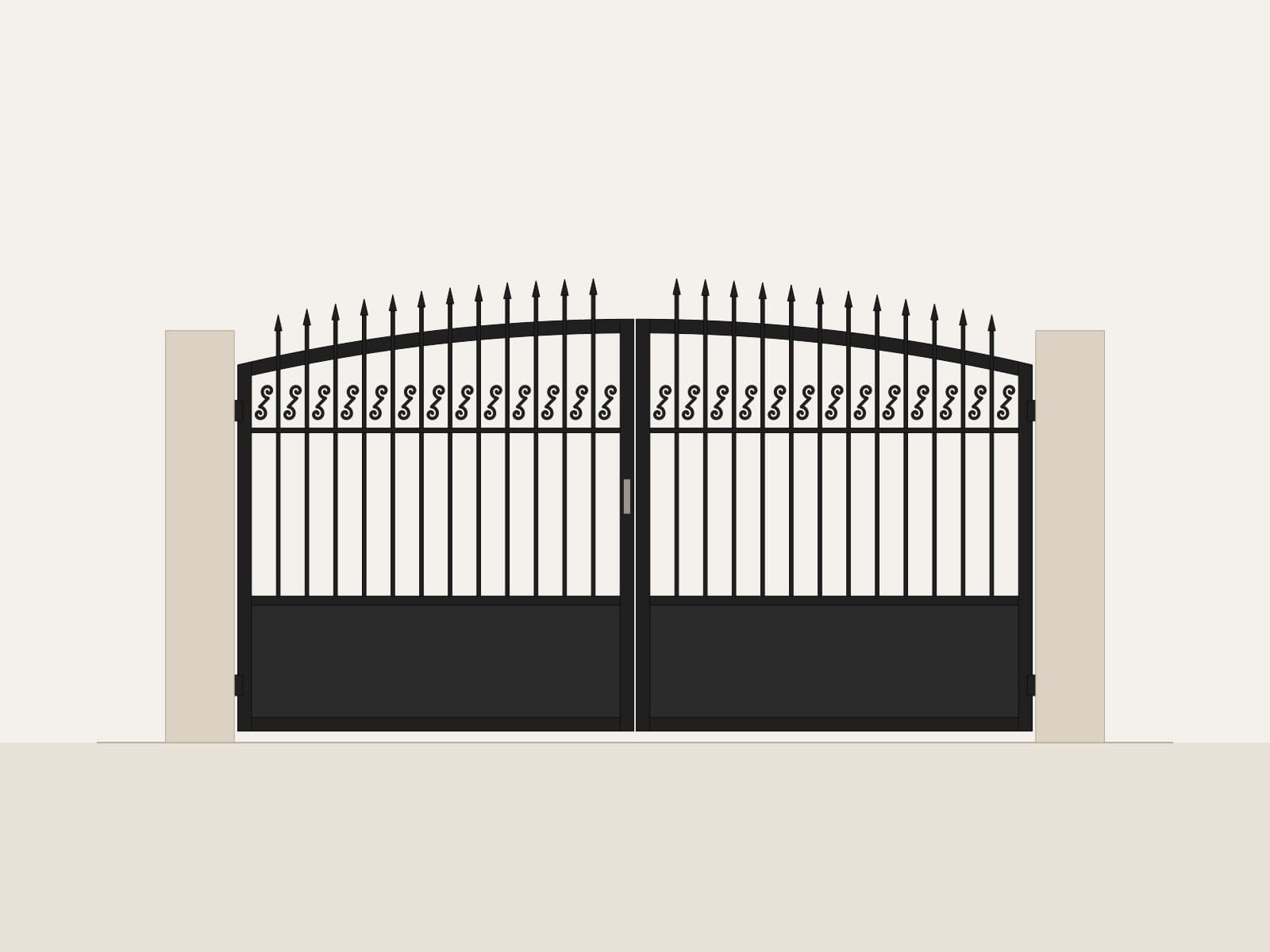 Drawing of a black steel swing gate with an arched top, spear-tipped bars and a frieze of scrolls, solid lower panel (illustration)