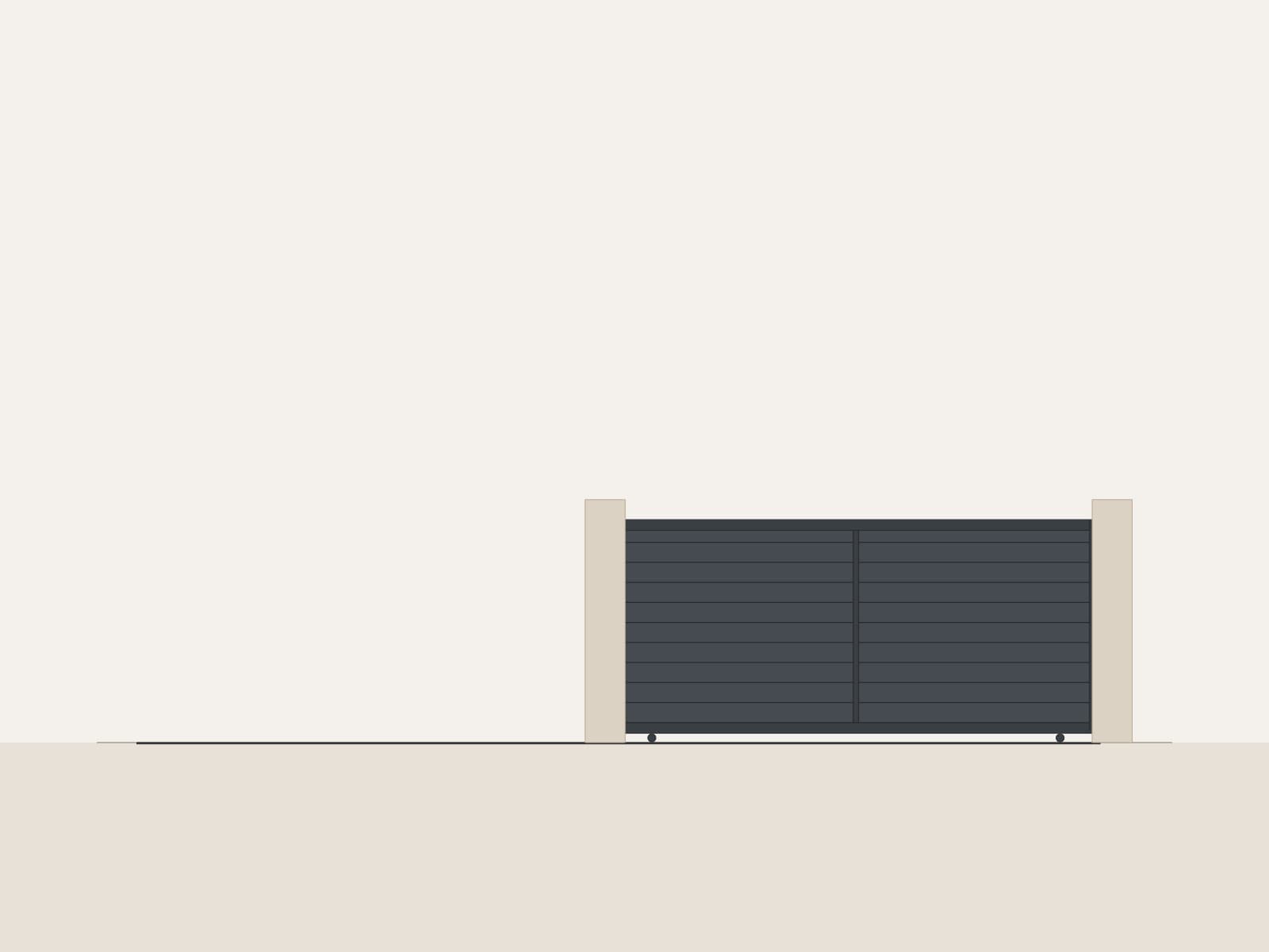 Dessin d'un portail coulissant alu gris anthracite à lames pleines, entre deux piliers (image d'illustration)