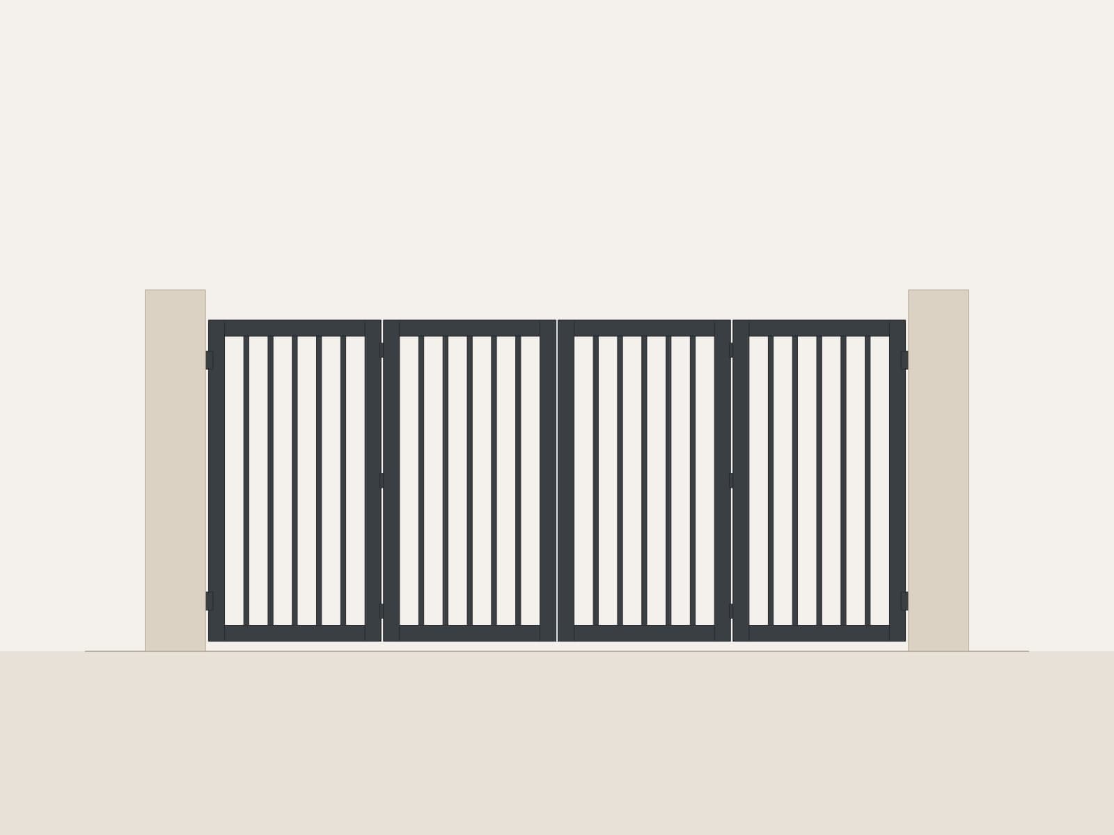 Dessin d'un portail pliant à quatre panneaux, barreaux alu gris anthracite, entre deux piliers (image d'illustration)