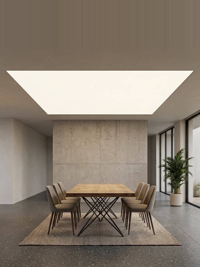 Plafond lumineux carré au-dessus d'une table à manger, mur en béton brut