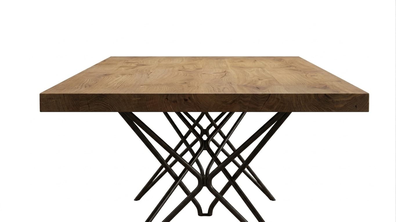 Table Brindille : plateau en chêne massif sur un bouquet de tiges d'acier cintrées, vue de face
