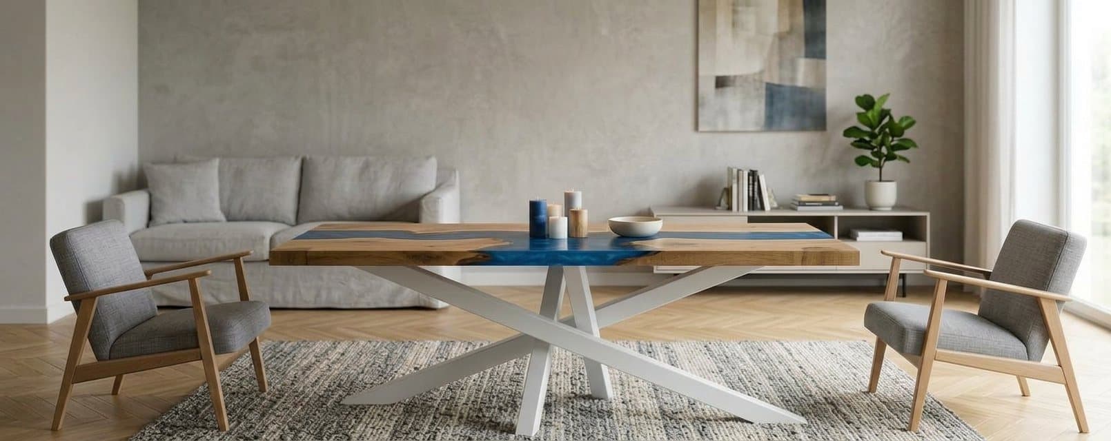 Table résine époxy Mikado dans un salon : rivière de résine bleue, piétement blanc