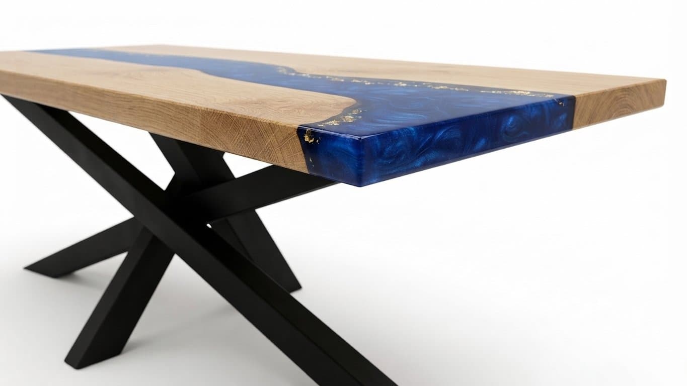 Table résine époxy Mikado : rivière de résine bleue semée de paillettes d'or, plateau de chêne massif