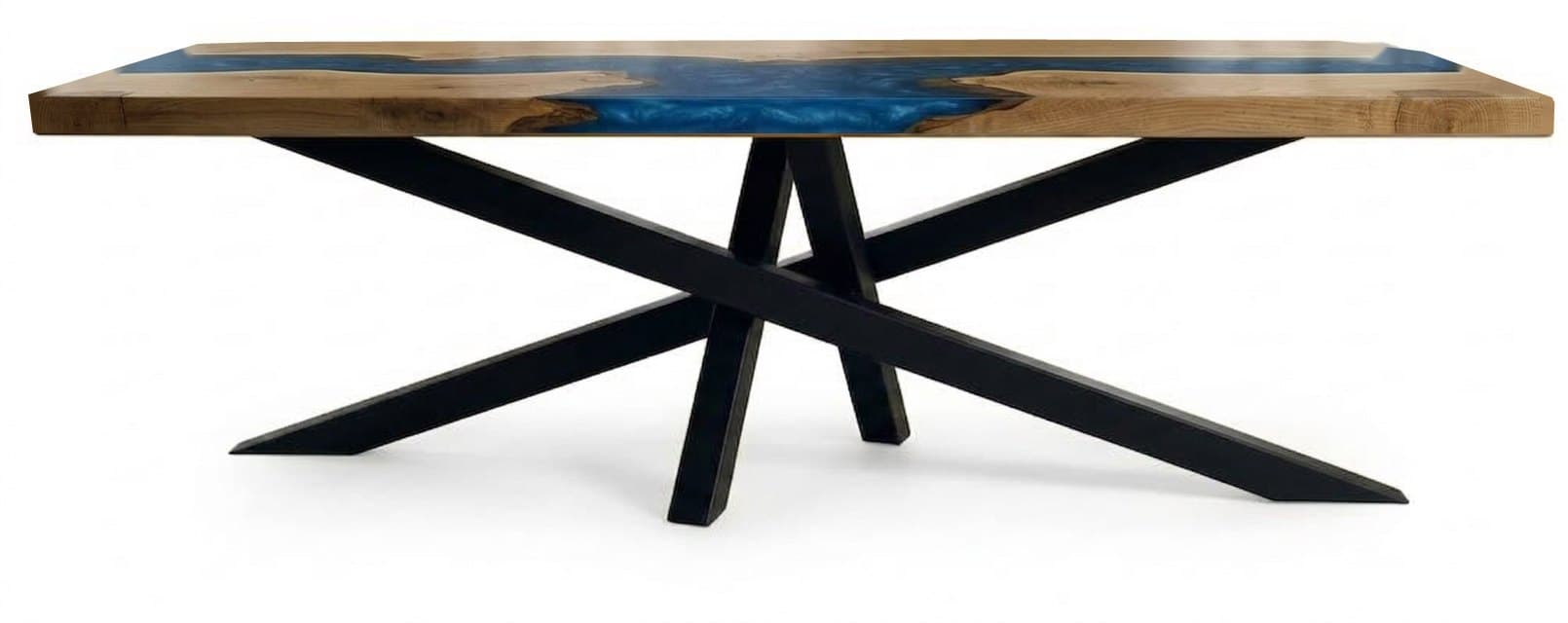 Table résine époxy Mikado — vue de face : plateau de chêne massif traversé d'une rivière de résine, piétement Mikado