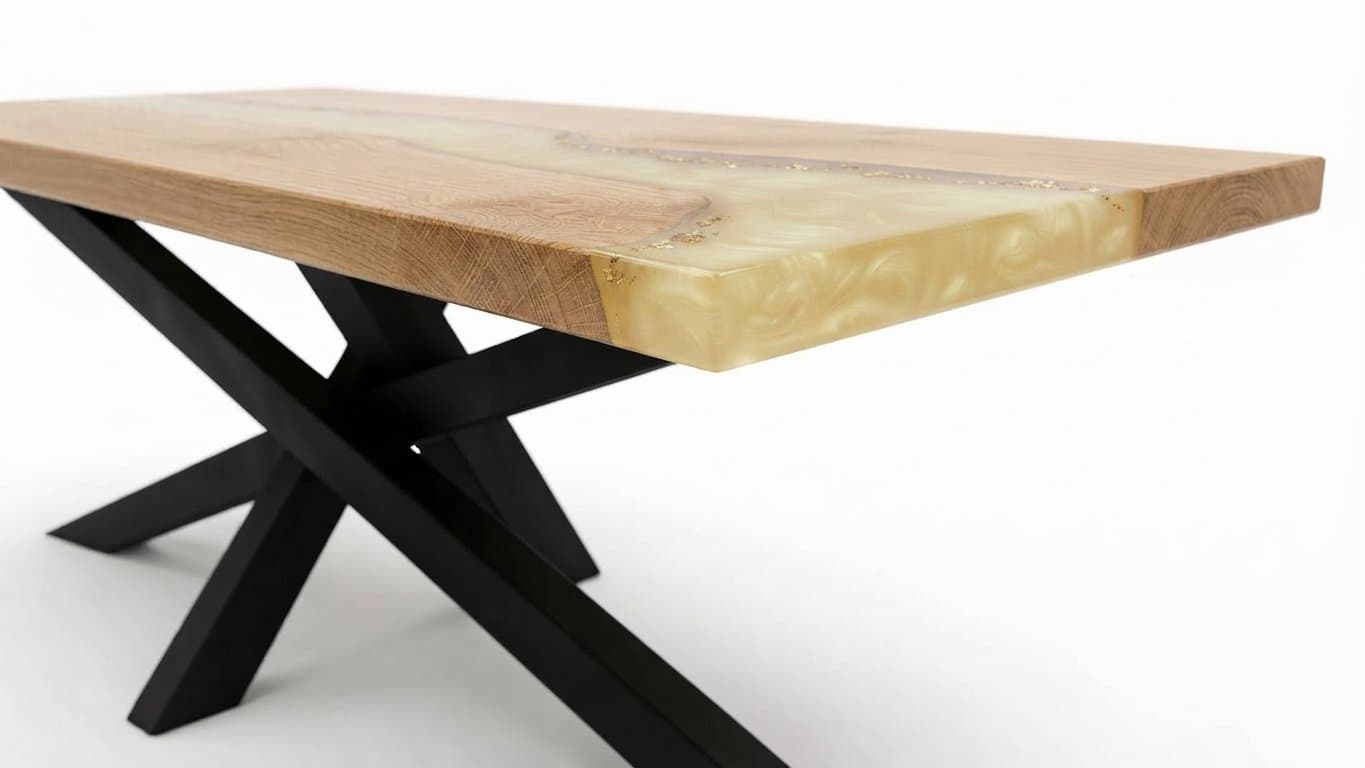 Table résine époxy Mikado : rivière de résine or nacré semée de paillettes d'or, plateau de chêne massif