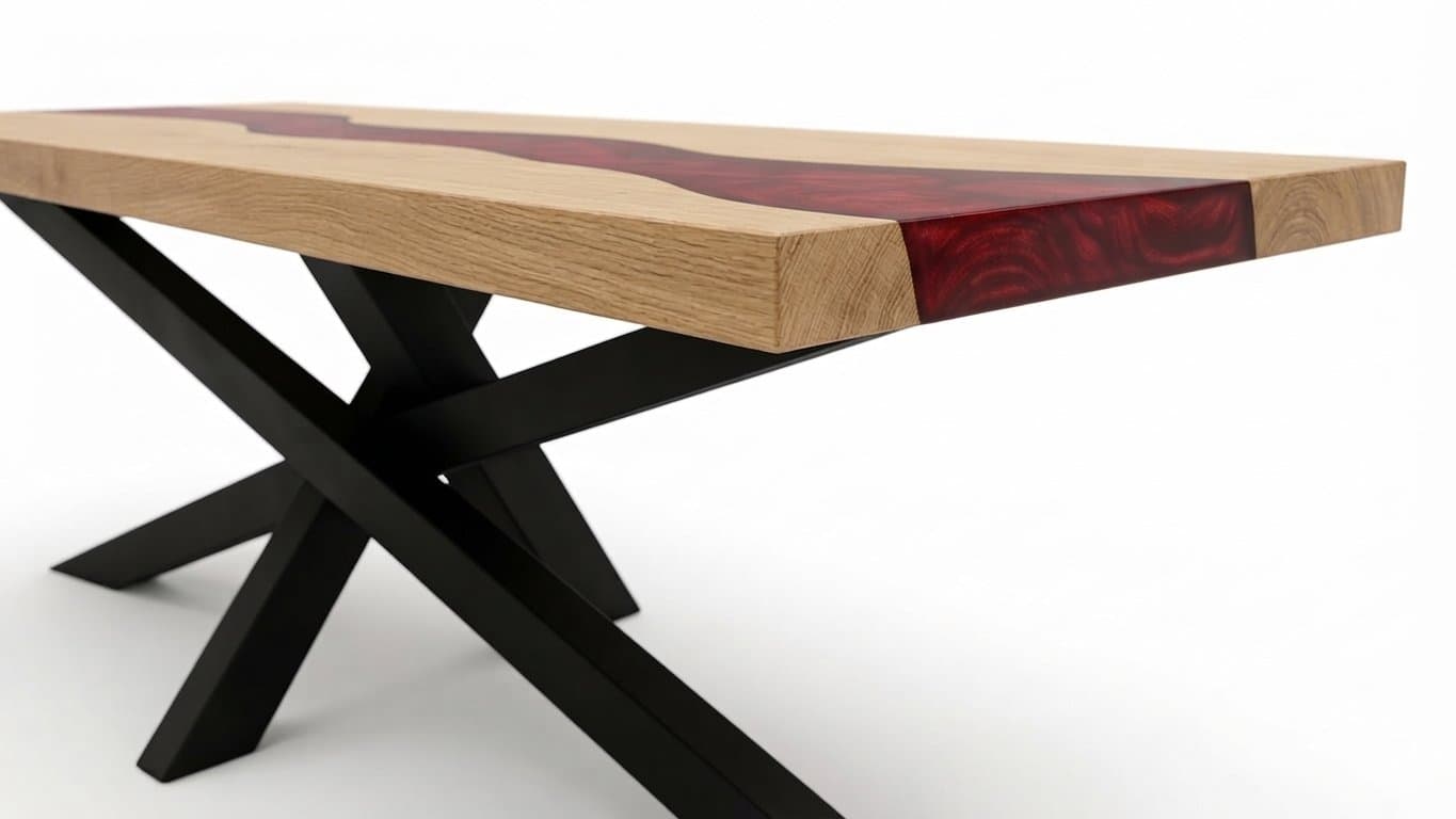 Table résine époxy Mikado : rivière de résine rouge dans un plateau de chêne massif, piétement acier noir