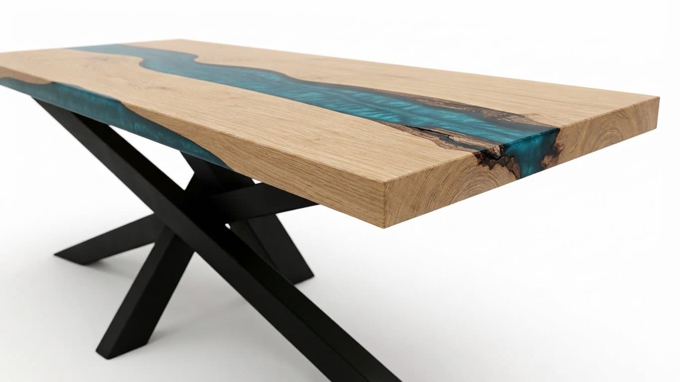 Table résine époxy Mikado : rivière de résine turquoise entre les bords naturels du chêne, piétement acier noir