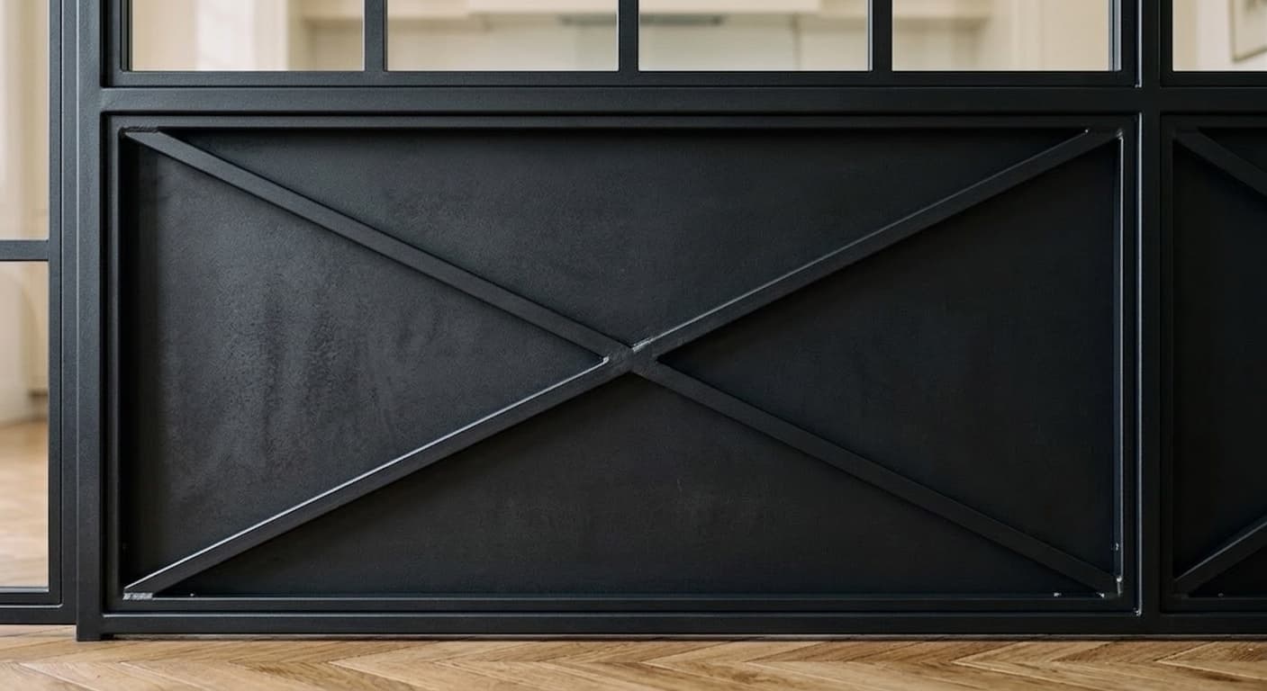 Détail du bas d'une verrière, panneau en acier à croisillon