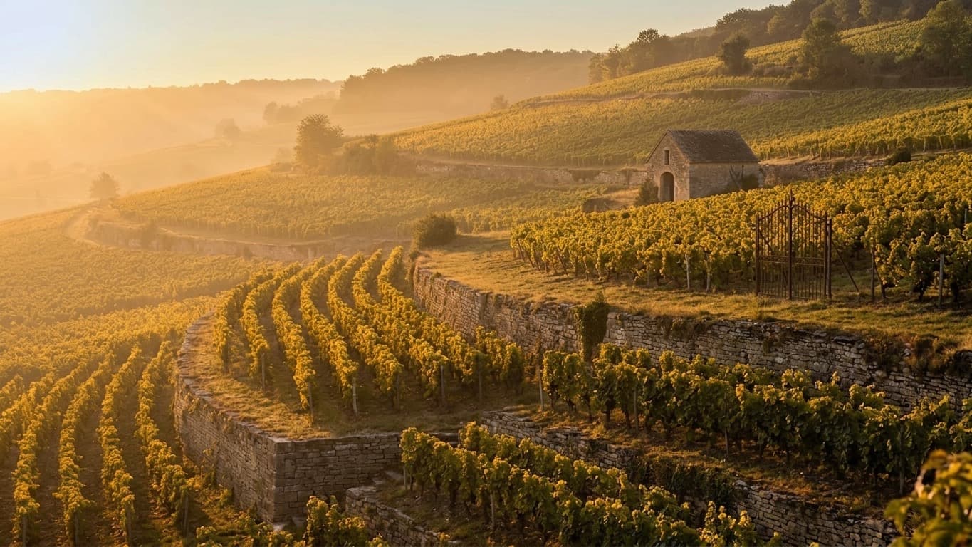 Vignes en coteaux au coucher du soleil