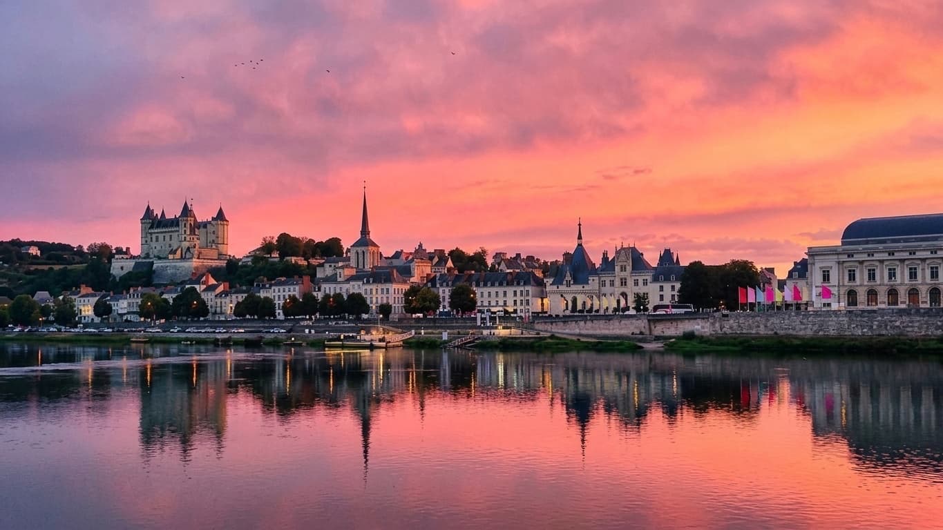 Le château et les quais de Saumur au coucher du soleil, reflétés dans la Loire